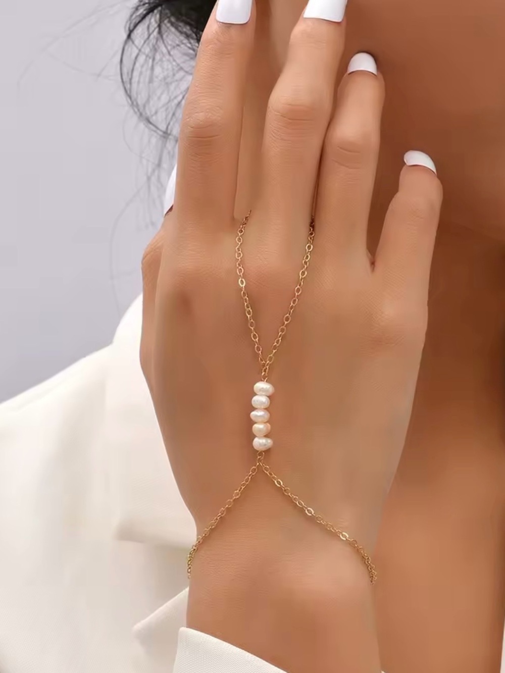 Gold Pearl Hand Chain finger Bracelet - Elegant White Pearl Slave Bracelet